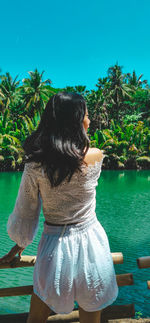 Rear view of woman looking at lake