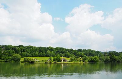 Scenic view of lake against cloudy sky