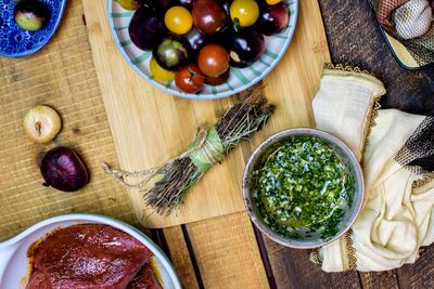 High angle view of fruits in bowl on table