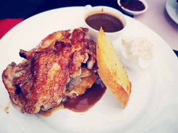 High angle view of breakfast in plate on table