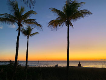 Silhouette palm trees on beach against sky during sunset