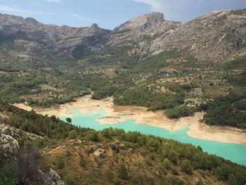 High angle view of lake amidst mountains