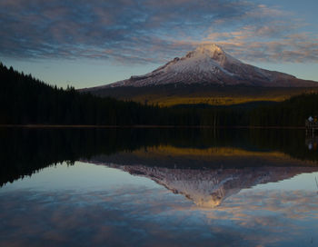 Scenic view of lake by mountains against sky