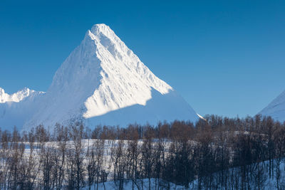 Scenic view of snowcapped mountains against clear sky