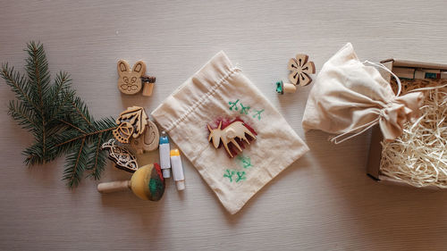 High angle view of christmas decorations on table