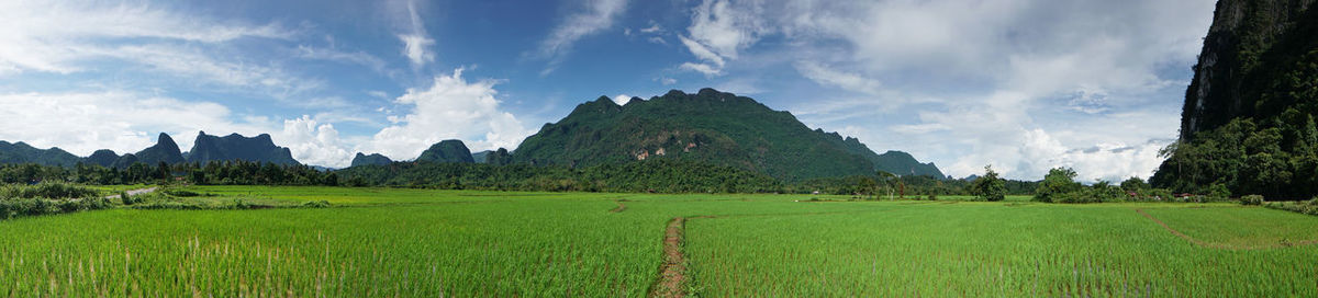 Panoramic view of agricultural field against sky