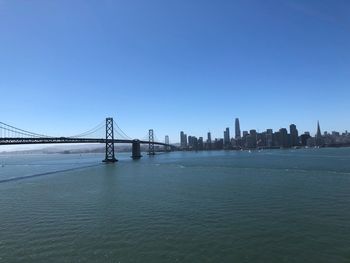 View of suspension bridge in city