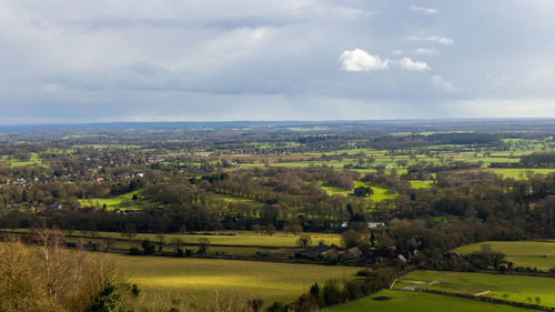 Aerial view of green landscape against sky