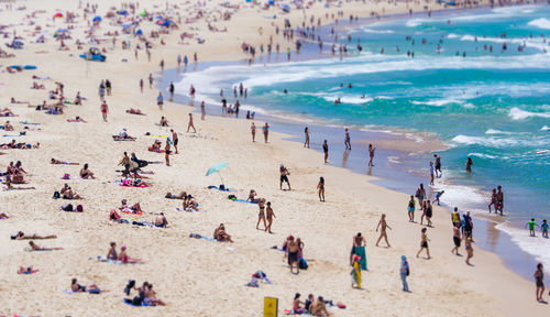 High angle view of people at beach on sunny day