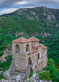 Bulgarian rhodope mountain view from the side of the asens fortress on a cloudy summer day