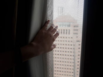 Cropped hand holding curtain by window