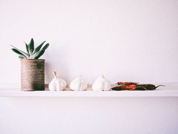 Close-up of garlic by potted plant and red chili pepper on shelf