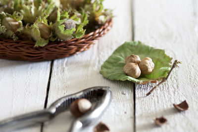 High angle view of vegetables in basket on table
