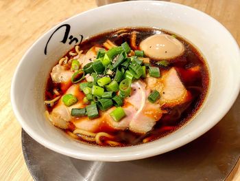 High angle view of soup in bowl on table