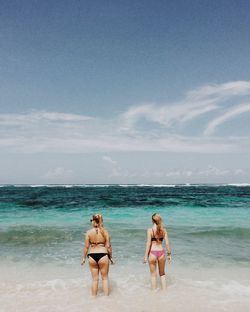 Rear view of friends standing on beach against sky