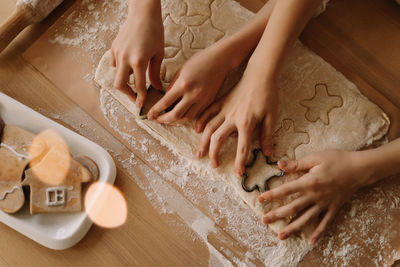 High angle view of people on table