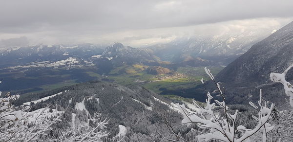 Aerial view of snowcapped mountains against sky