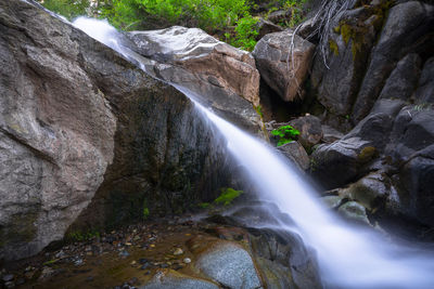 Water flowing through rocks in forest