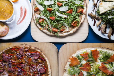 High angle view of pizza served in plate