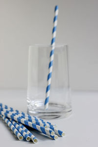 Close-up of glasses on table against white background