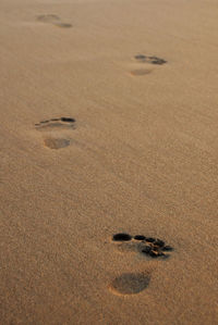 High angle view of footprints on sand at beach