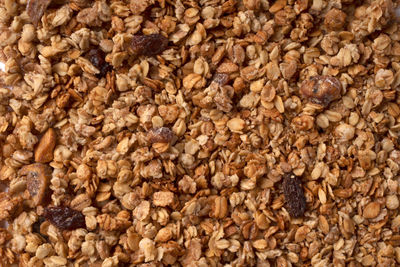 Organic granola with oats, raisins, nuts. texture of muesli flakes as background. top view