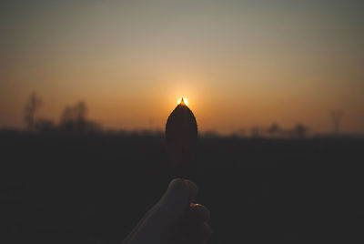 Silhouette hand holding leaf during sunset