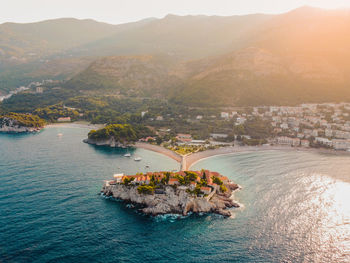 High-angle aerial drone photo of sveti stefan resort in montenegro.