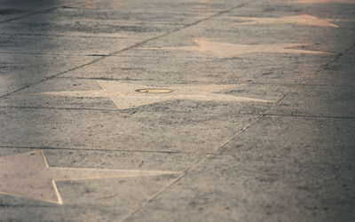 High angle view of text on footpath