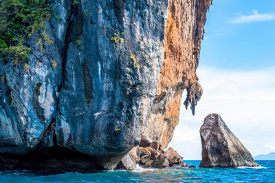 Scenic view of rock formation in sea against sky