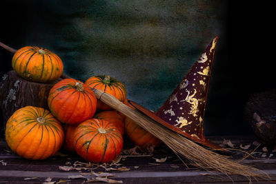 High angle view of pumpkins on field