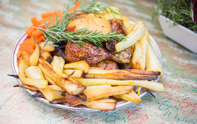 High angle view of food in plate on table