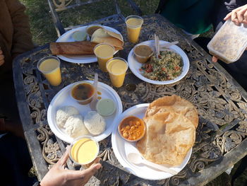 High angle view of breakfast served on table