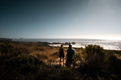 Rear view of couple on shore against sky