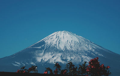 Scenic view of snowcapped mountains against clear blue sky mt.fuji