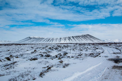 Scenic view of snow covered landscape against sky