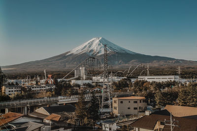 Townscape and snowcapped mountain against clear blue sky