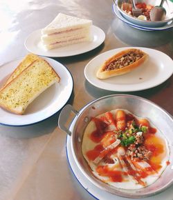 High angle view of meal served on table