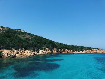 Scenic view of sea against clear blue sky