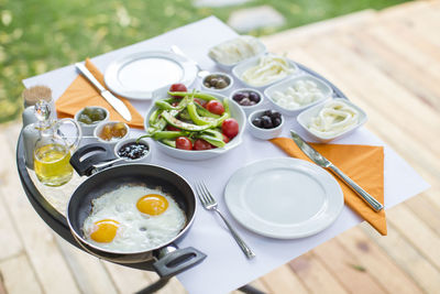 High angle view of breakfast on table