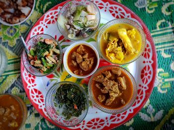 High angle view of meal served on table