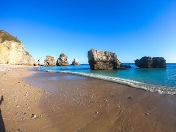 Scenic view of beach against clear blue sky