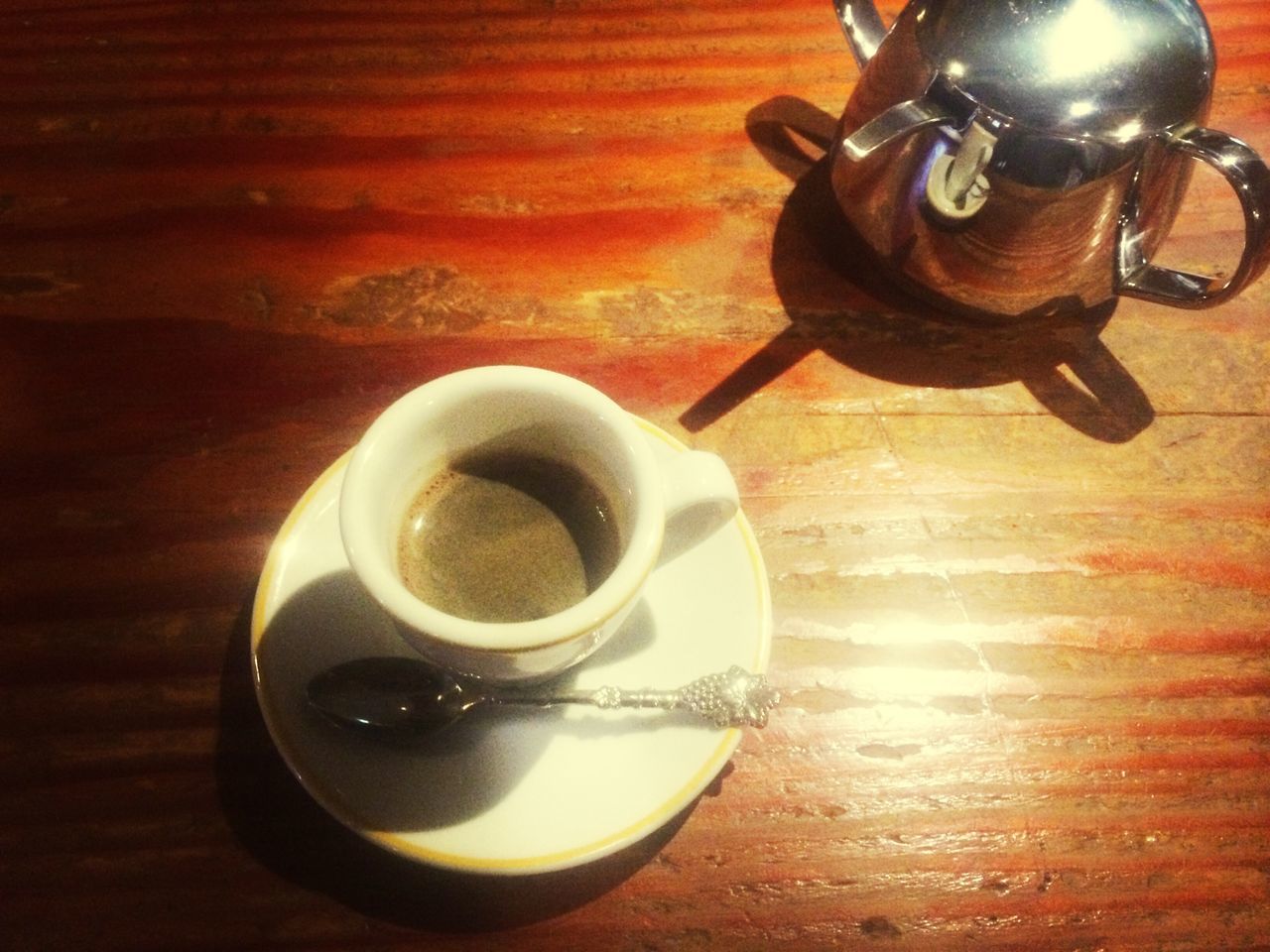 table, indoors, coffee cup, food and drink, drink, saucer, coffee - drink, refreshment, still life, spoon, coffee, freshness, cup, high angle view, close-up, wood - material, directly above, tea cup, frothy drink, beverage