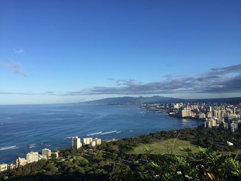 Scenic view of sea by city buildings against blue sky