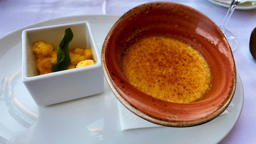 High angle view of food in plate on table