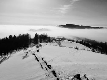 Scenic view of snow covered landscape against sky
