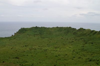 Scenic view of sea and green landscape against sky