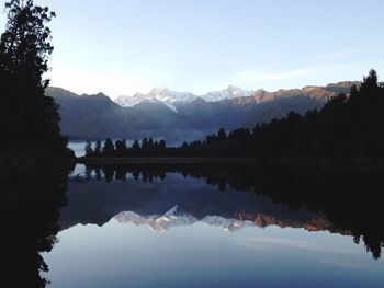 Scenic view of lake and mountains against clear sky