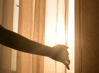 Cropped hand holding curtain on window