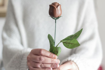 Woman holding chocolate rose. valentine's day concept